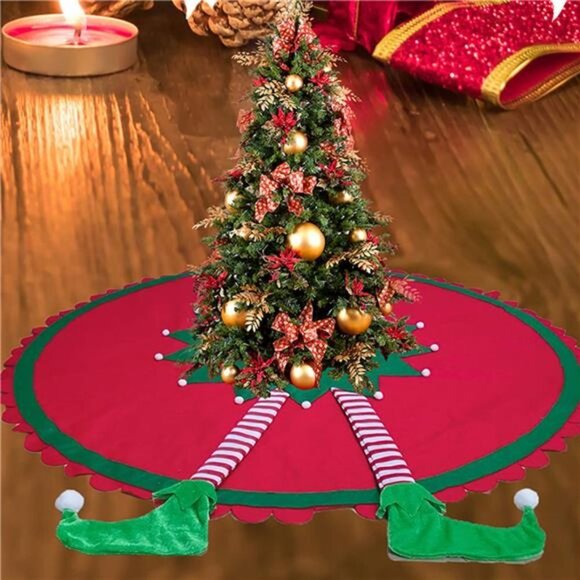 48" Big Elf Christmas Tree Skirt with Striped Legs and Ripple Trim Border, - Picture 8 of 8